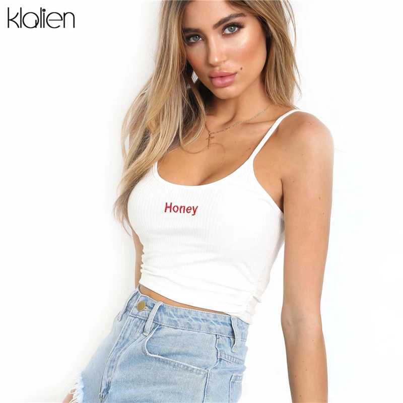 KLALIEN, новинка, модные женские топы, красные, белые, с надписью "honey", с принтом, сексуальные, обтягивающие, повседневные, без рукавов, камзол, кроп-топ