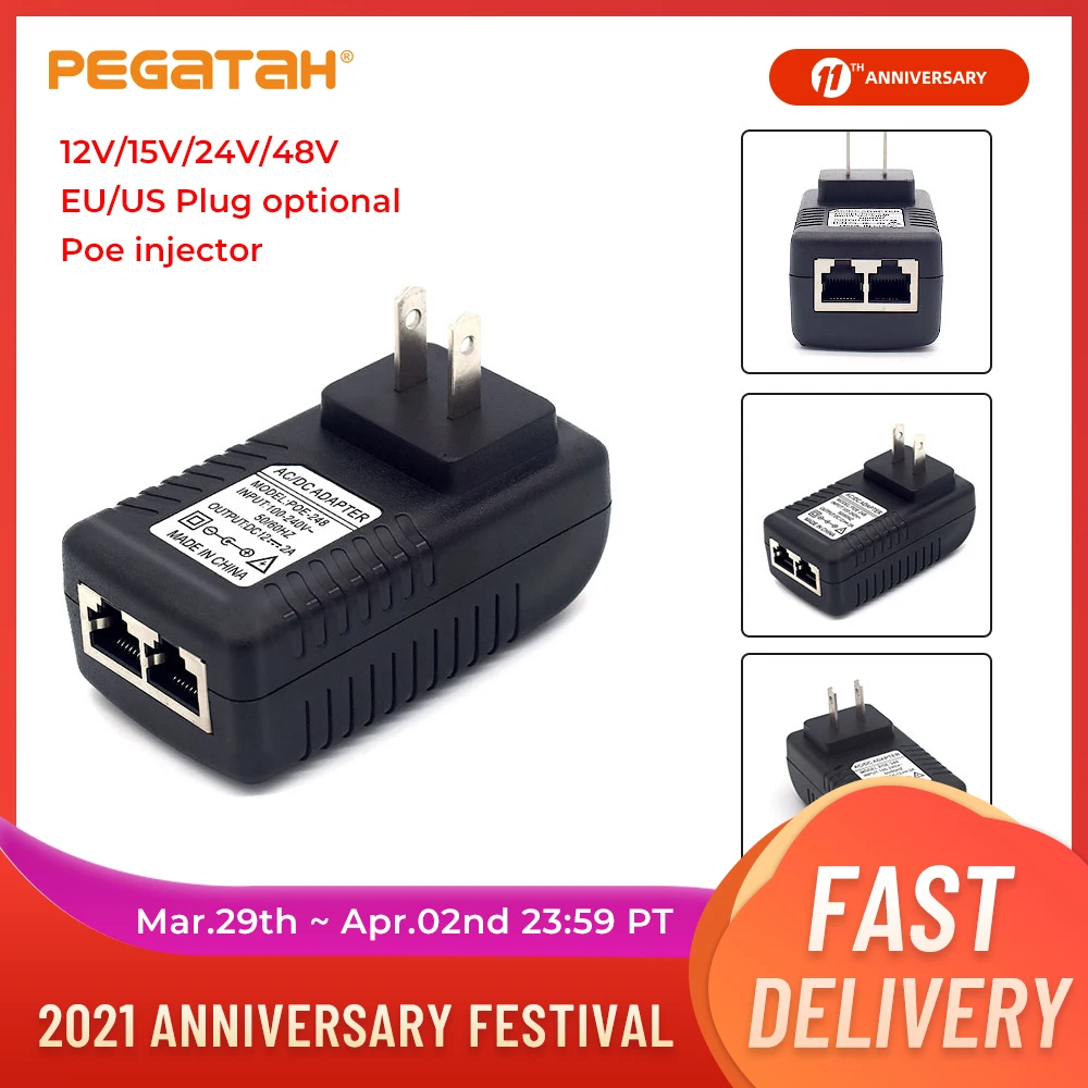 Inyector POE de 48V y 0.5A 24W para cámara IP, adaptador de alimentador PoE de vigilancia de seguridad CCTV, adaptador Ethernet para teléfono, enchufe para EE. UU., UE y Reino Unido