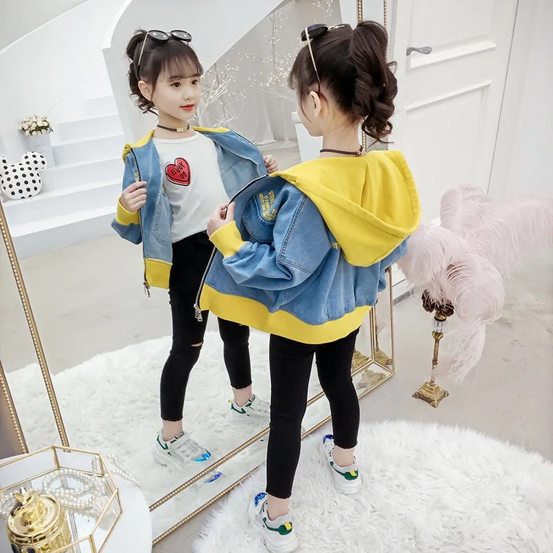 Новая весенняя джинсовая куртка для девочек, молодежная Корейская повседневная куртка, спортивный джинсовый кардиган с капюшоном, куртка, пальто на молнии для девочек, От 3 до 14 лет