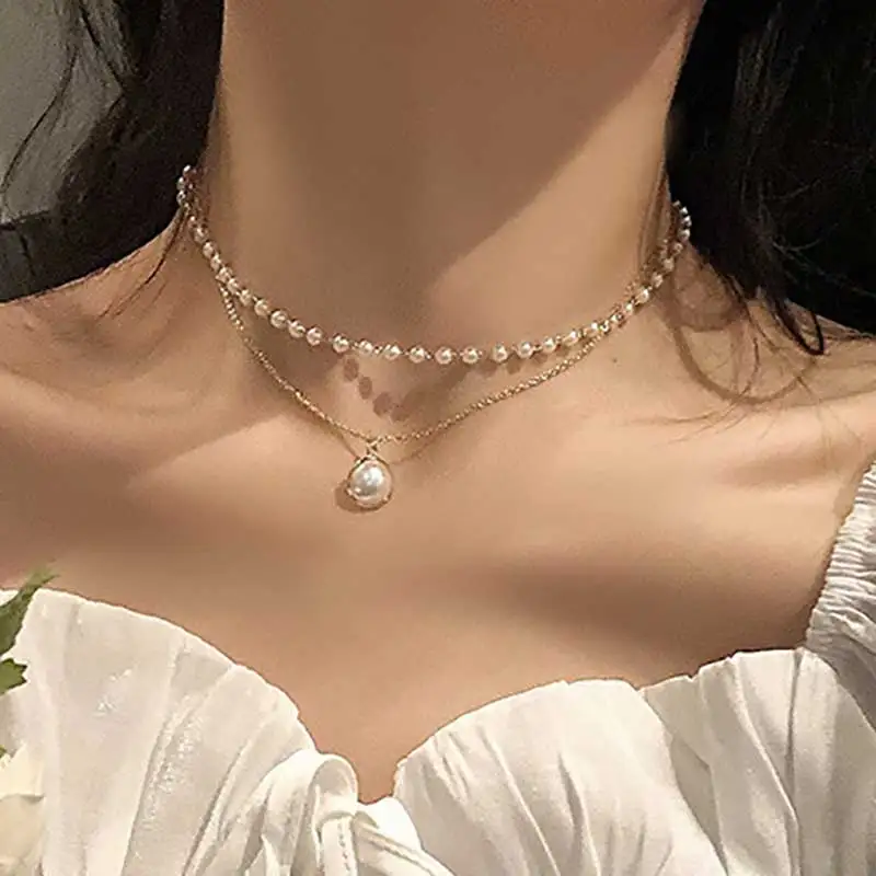 Vienkim 2021 New Double Layer Chain Gold Color Choker Necklace Women Korean Style Pearl Pendant Fashion Jewelry Collar |