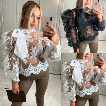 

Fashion Women See-through Sheer Mesh Blouse Puff Long Sleeve Tops Shirts Flower Lace Sexy Bownot Tops Blouse Streetwear