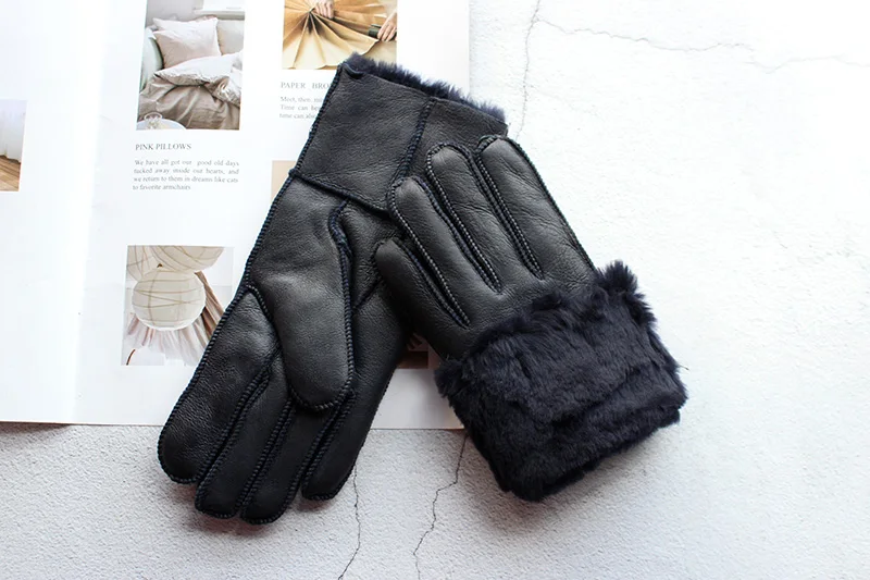 Women's Thickened Winter Sheepskin Fur Gloves Windproof Warm Outdoor Motorcycle Riding Color Leather Finger Gloves