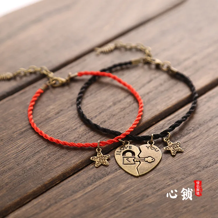 

Retro Men And Women Couples Anklet Simple Red Rope Extended Chain Foot Chain Key Lock a Pair Accessories
