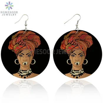 

SOMESOOR Afrocentric Fabric Headwrap Woman Painted Black Artstic Natural Wood Drop Earrings 6cm Big Loops Jewelry For Women Gift