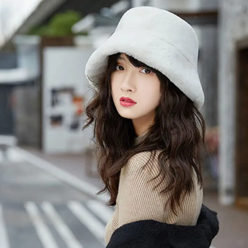 Женская зимняя утолщенная пушистая плюшевая Рыбацкая шапка, одноцветная шляпа с широкими полями 50PF