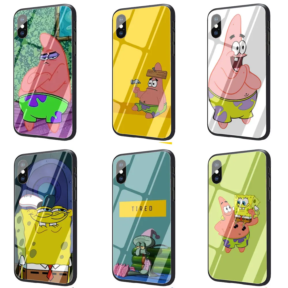 SpongeBob закаленное стекло ТПУ Черный чехол для iPhone 11 Pro X или 10 8 7 6 6S Plus Xr Xs Max