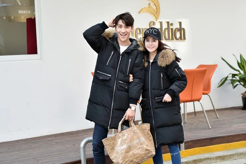 South Korea Female Version of Down Jacket Mid-length over-the-Knee Ultra Large Fur Collar Slim Fit Thick Large Size Couples