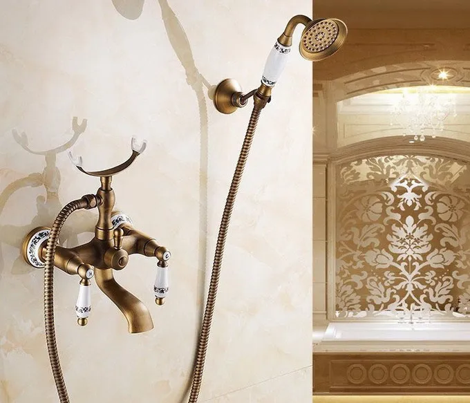 

Retro Antique Brass Wall Mount Bathroom Tub Faucet Set WITH/ 150CM Handheld Shower Spray Head Mixer Tap Dtf308