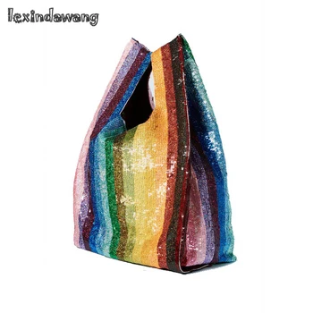 

Rainbows Gradient Sequins Bags 2019 Brand Design Women Handbags Glitter Bling Summer Vest Shopping Bags Sequined Large Capacity