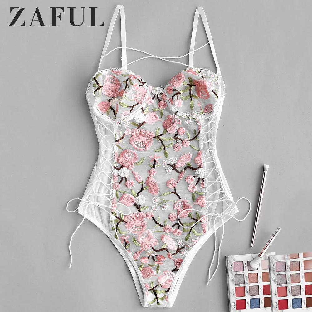 ZAFUL Сексуальные Женские Боди Цветочные Вышитые Зашнуровать Ползунки Спагетти