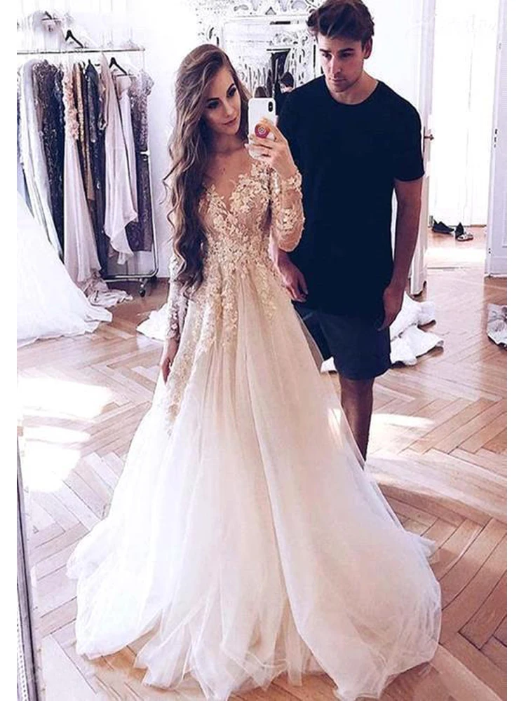 vestido de noiva 2020 Luxury Lace Appliques Wedding Dresses Long Sleeves Bride Wedding Gown A Line Tulle Bridal Wedding Dress (1)