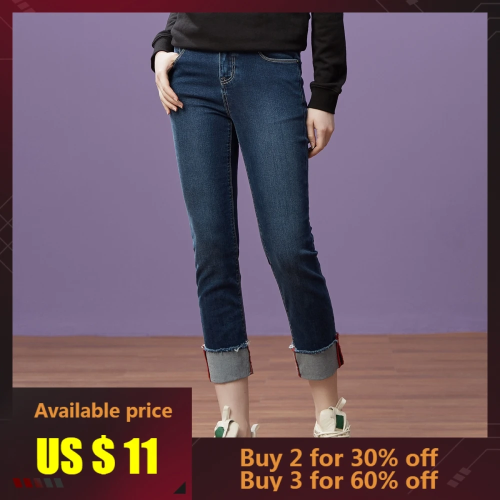 

Metersbonwe Slim Jeans For Women Jeans Cuffs Design Woman Denim Straight Pants High Quality Stretch Waist Women Jeans