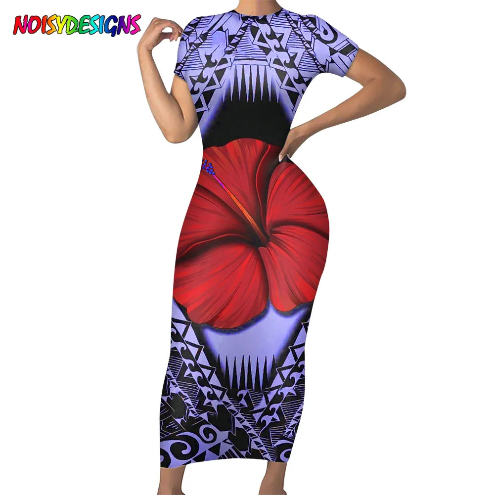 

NOISYDESIGNS Women's Vintage Short Sleeve Bodycon Samoan Hibiscus Polynesian Tribal Designer Ladies Work Party Pencil Dress
