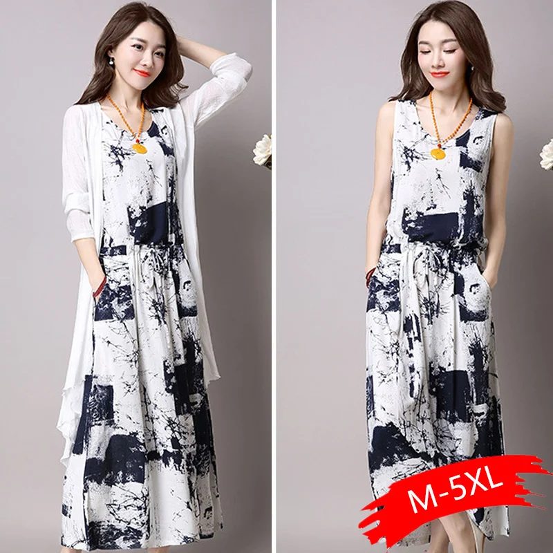 

2019 Spring Autumn Dress+cardigan Women Sets Cotton Maxi Long Dress And Cardigan Two Piece Set Printed Set Suit Plus Size M-5XL