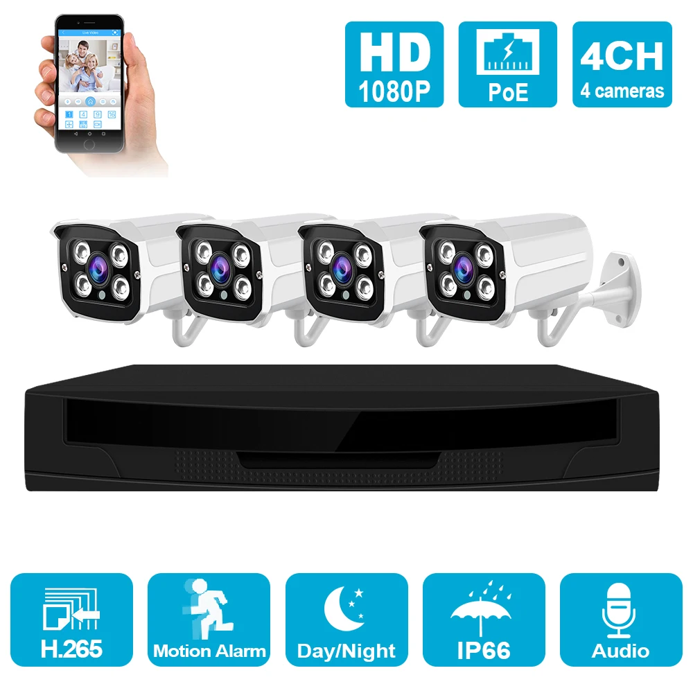 4CH POE H.265 8CH POE Комплект системы безопасности Открытый 1080P водонепроницаемый NVR P2P IP Cam HDD Onvif CCTV; аудио камера видеонаблюдения - Цвет: 4CH POE