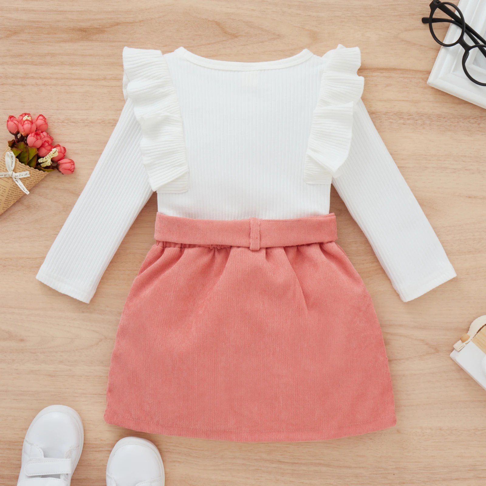 Citgeett Spring Toddler Baby Girls Outfit Knitted Ribbed Ruffles Long Sleeve Tops + Solid Color Buttons Skirt Autumn Clothes Set
