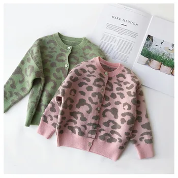 

Girls Leopard Print Cardigan Knitted Sweater 2020 Autumn Winter New Korean Version Round Neck Children Fashion Cardiga Sweater