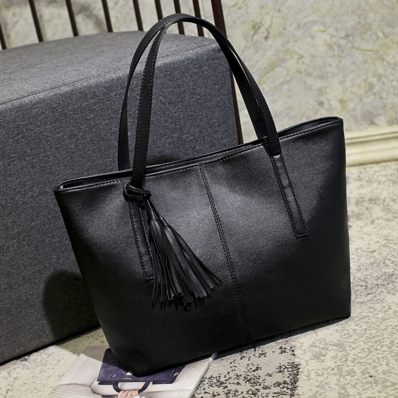 Bolso de mano con borla negra Vintage para mujer, bolso de de cuero de alta calidad, bolso de gran capacidad con asa superior, bolso de compras para mujer| | - AliExpress