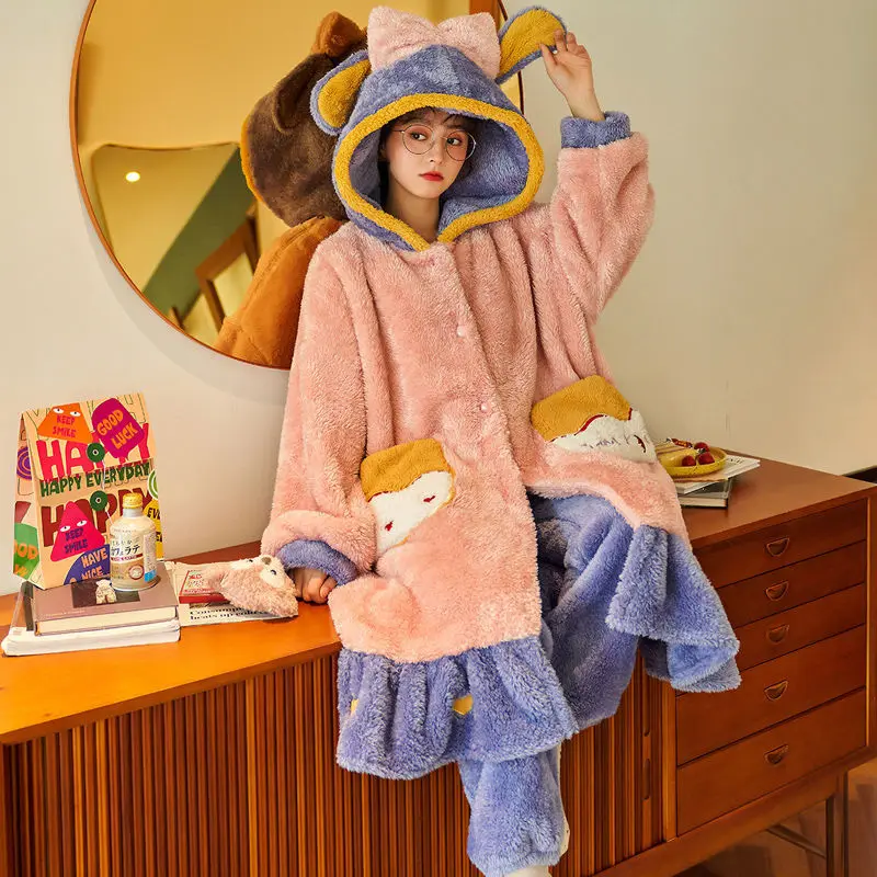 

Фланелевая пижама, ночная рубашка, симпатичный комплект из 2 предметов, халат и брюки, женские комплекты для сна, ночная рубашка, Повседневная Домашняя одежда, женский костюм, нижнее белье, одежда для сна