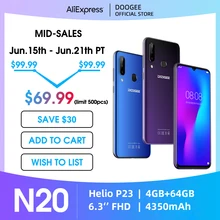 DOOGEE N20 Mobilephone Fingerprint 6.3inch FHD+ Display 16MP Triple Back Camera 64GB 4GB MT6763 Octa Core 4350mAh Cellphone LTE