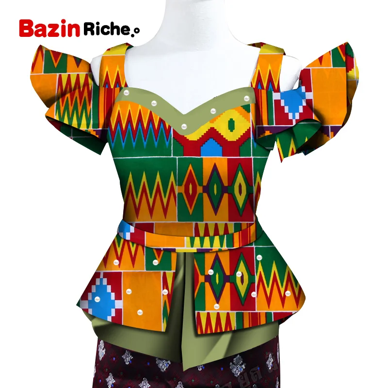 Fashion Shirt African Print Top for Women Bazin Riche Pearls Double Ruffles Top Cotton Dashiki African Clothing WY5096