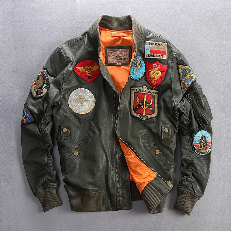 Army Green A Мужская летная куртка militaly G1, куртка из натуральной кожи, мужская куртка-бомбер из овечьей кожи, мужская бейсбольная куртка 6XL - Цвет: Army Green A