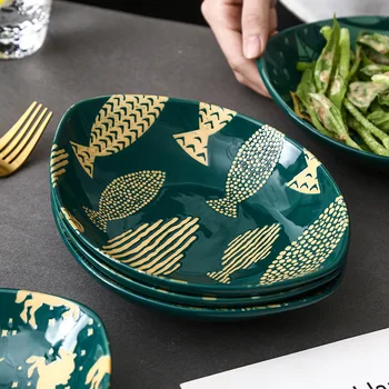 

Ceramic Olive-shaped Dinner Plates Serving Tray Cute Sakura Magpie Fish Pattern Dishes Salad Plates Soup Plates Tableware