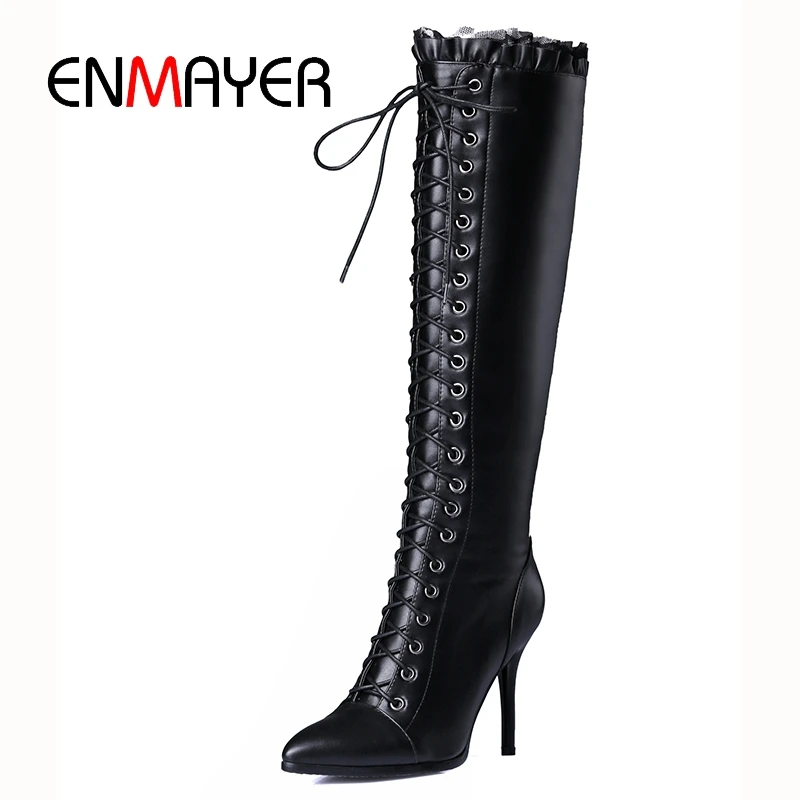 ENMAYER 2020 New Fashion High Quality Women Cow Leather Lace-up Knee Boots Lady Pointed Toe Heel | Обувь