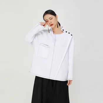

LANMREM 2020 Spring And Winter New Fashion Solid Color Round Neck Long Sleeve Pocket Irregular Shirt Women PB721