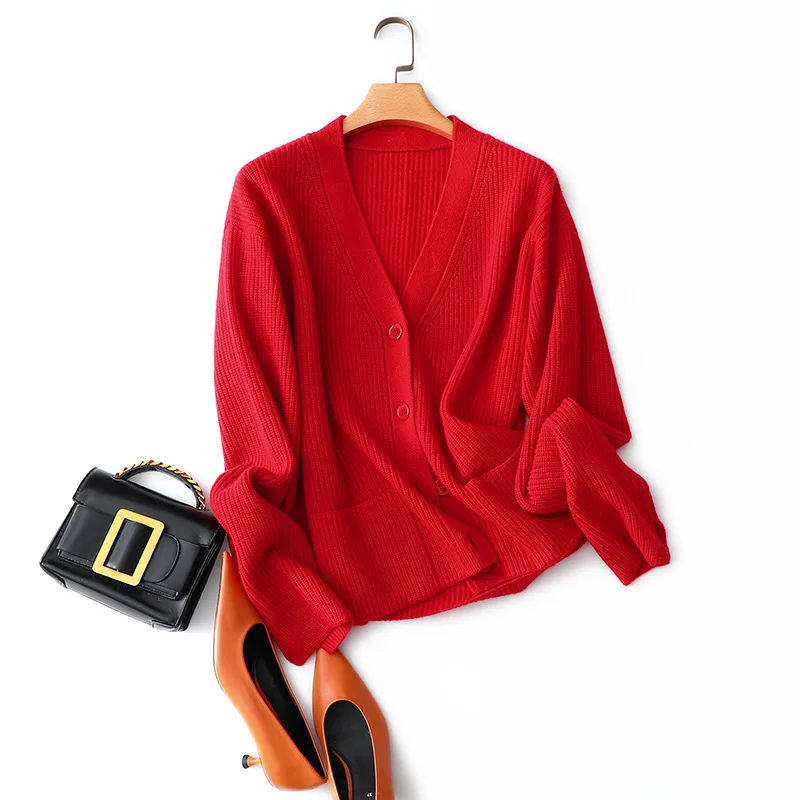 

Winter 2019 Womans Sweaters 100% Cashmere V-Neck Office Lady Single Breasted Solid Women's Knitted Cardigans Loose Tops