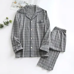 Japanese Style Men's Spring and Autumn Pajamas Long-sleeved Trousers 100% Cotton Plus Size Autumn and Winter Knitted Home Wear