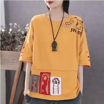 

High quality!Women's spring summer vintage embroidered print broken hole mid sleeve T-shirt girls patch Tees loose tops TB3705