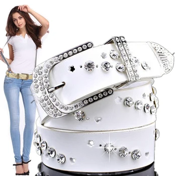 

High Quality Fashion Rhinestone Genuine Leather Belt For Women Luxury Crystal Alloy Buckle Belt Woman White Width Leather Strap