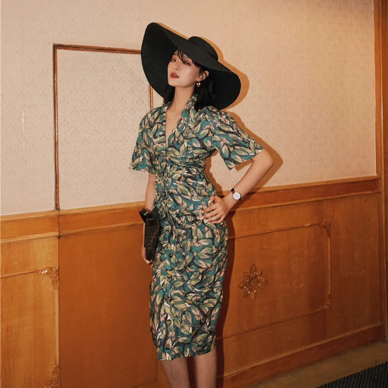 Весна и лето стиль Ретро мода не-мейнстрим дизайн Картина маслом цвет плиссированная Талия обнимающая богиня платье тонкое