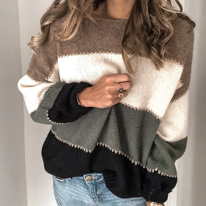 

Pull Winter Patchwork Sweater Women Autumn Casual Long Sleeve Knitted Sweaters Female New Loose Sweater Pullovers Dropshipping