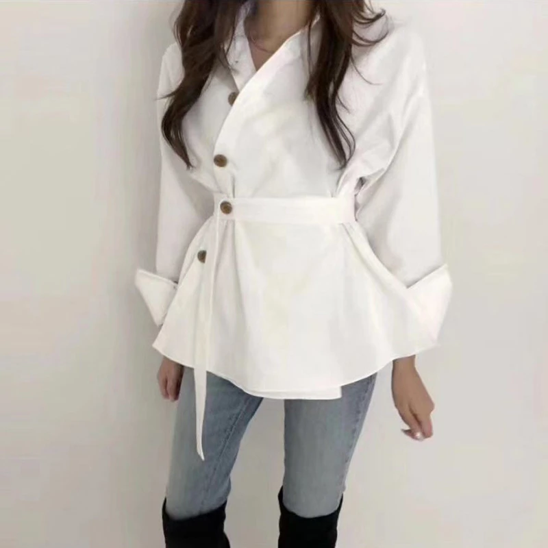  GALCAUR Asymmetrical Lace Up White Women's Shirts Lapel Collar Long Sleeve Shirt Blouse Female 2019