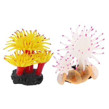 

1pcs Aquarium Artificial Coral Decoration 8.9cm Tall White Fuchsia & 1pcs Concrete Base Silicone Coral Anemone Aquarium Plant De