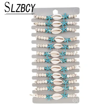 

12 pcs/lot Natural Stone Shell Charm Wooden Beads Bracelets Set Women Adjustable Braided Rope Bracelet Wristband Bohemia Jewelry