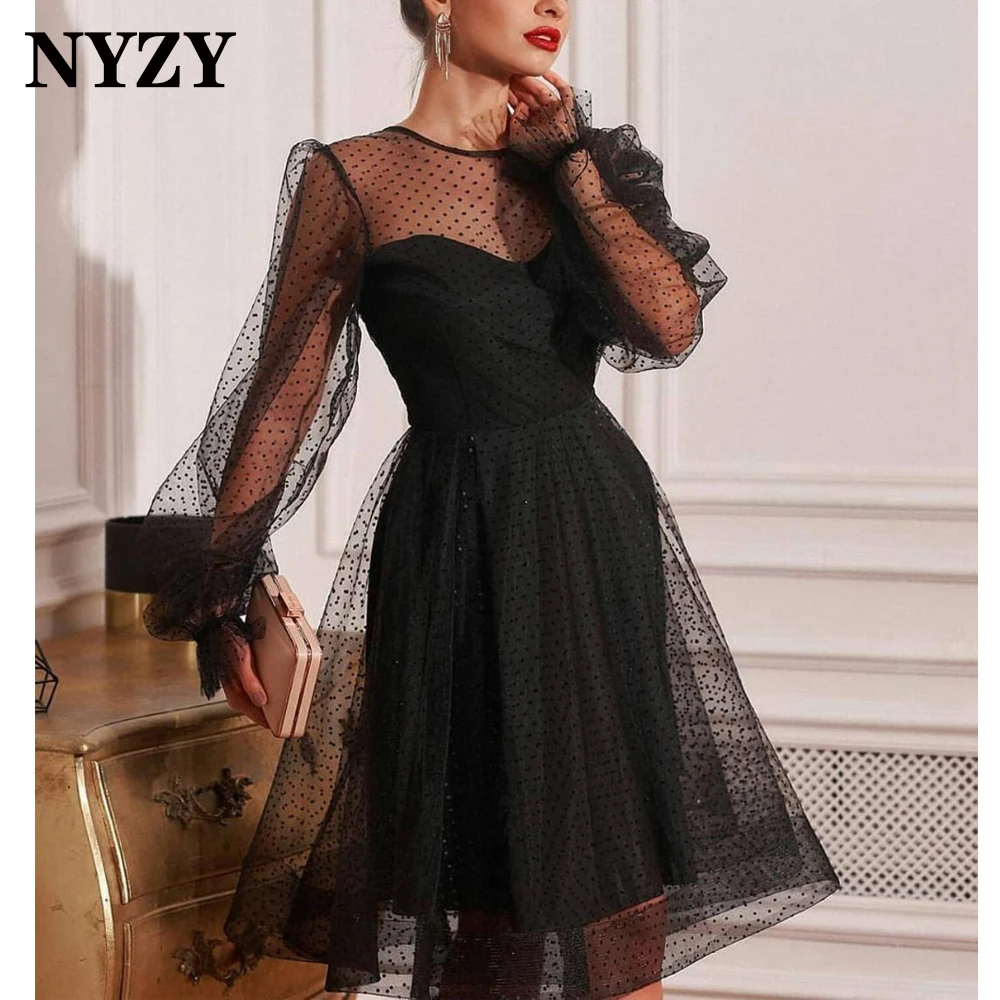 

NYZY Dots Tulle Long Sleeves Black Cocktail Dresses for Wedding Party Evening Prom Graduation Homecoming robe de soiree 2021