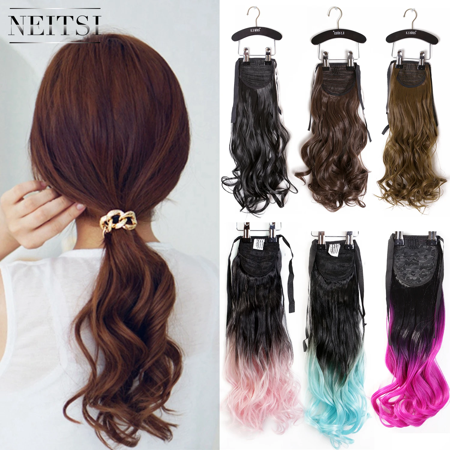 

Neitsi 20'' Curly Wavy Ponytail Heat Resistant Synthetic Clip In Hair Extensions Ombre Color