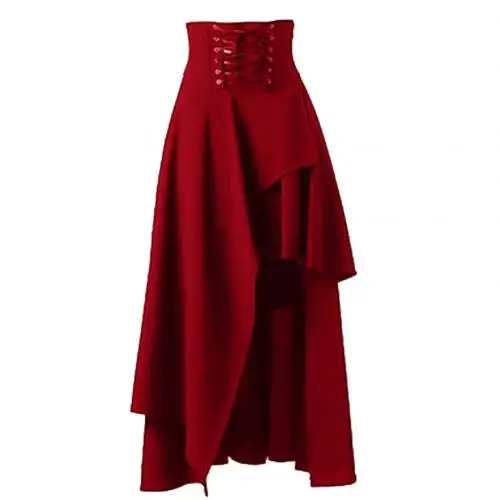 Стимпанк винтажная длинная юбка женская однотонная цветная бандажная Высокая талия плиссированная кружевная эластичная лента Макс плиссированная юбка миди юбка - Цвет: Красный