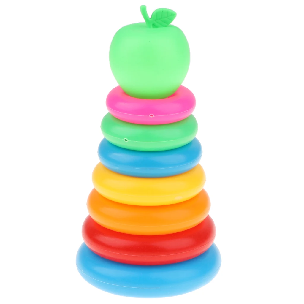 Kids Toddler Early Educational Toy Green Apple with 9 Plastic Rainbow Color Stacking Rings Tower Toy, Bath Tub Play Toy Gift