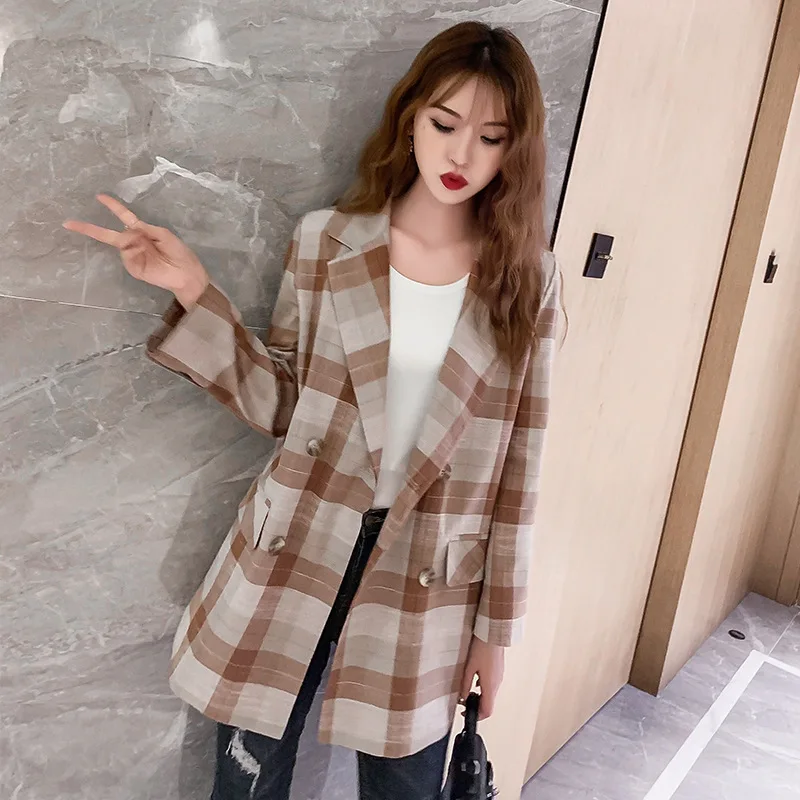 

2019 Autumn Korean-style Retro Contrast Color Plaid Loose-Fit Double Breasted Casual Long Sleeve Suit Jacket Tops Women's