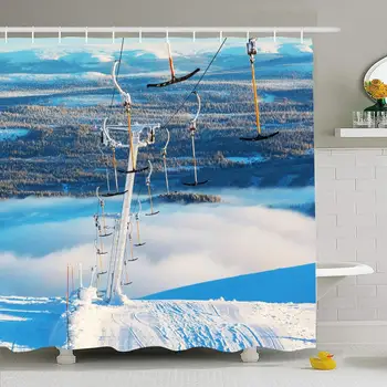 

Shower Curtain Set with Hooks 72x78 Ski Resort Nature Winter Season View Activity Clouds Snowy North Silhouette Sunrise Parks