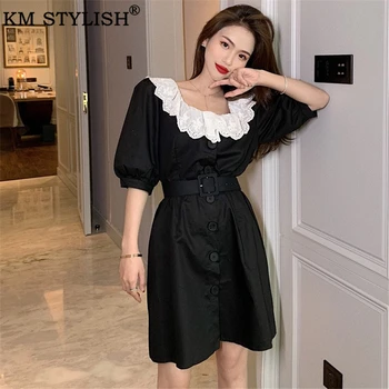 

Summer 2020 New Women's Clothings Lace Square Collar Puff Sleeves Slim Waist A-line Short Sleeve Dress Khaki and Black Colors