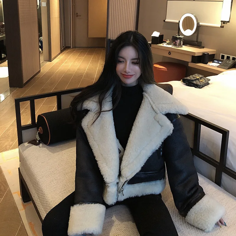 2019 Winter High -Quality Jacket Female Suede Lamb Keep Warm Wool Coat Motorcycle Lapels Coat Female Thicker Jacket Women black
