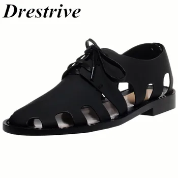 

Drestrive Women Sandals Cow Leather Low Heels 2.5 cm Lace Up Hollow Out Black Female Casual Shoes 2020 Summer Genuine Leather