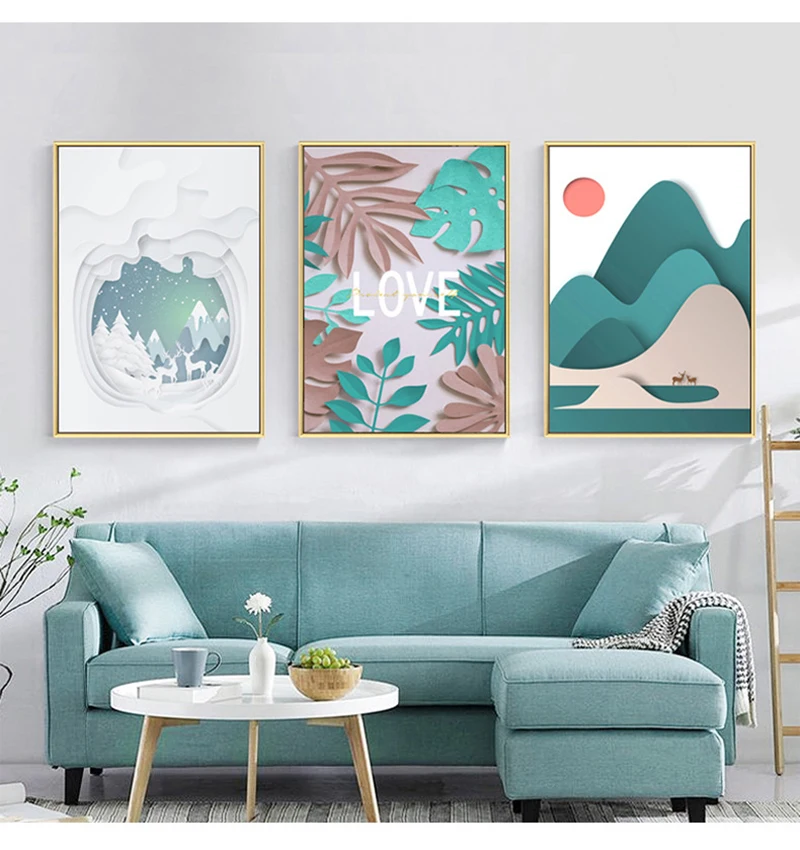 Cartoon Fresh Illustration Green Mountain Deer Red Sun Forest Wall Art Picture Canvas Painting for living Room Kids Decor | Дом и сад