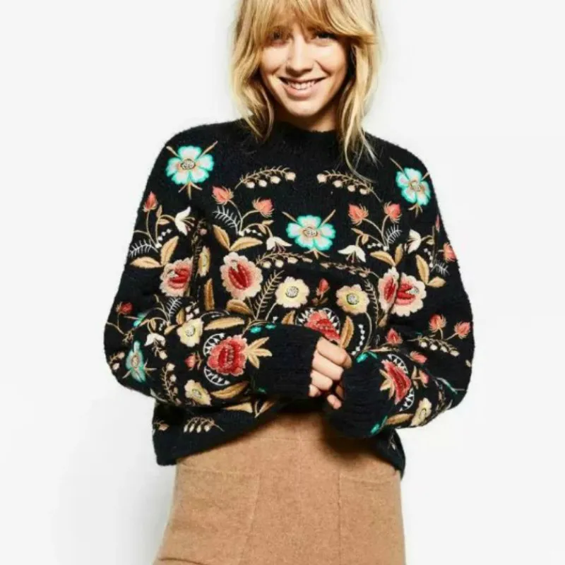 Winter Autumn Embroidery Crocheted Sweater Lantern Sleeve Tops Retro Print Flowers Pullover Loose Knitted Floral Ss32