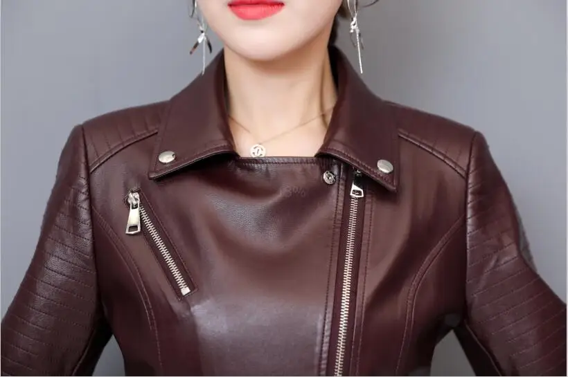 Большие размеры женская кожаная куртка новая весенняя черная кожаная одежда женская короткая тонкая мотоциклетная кожаная куртка женская красная